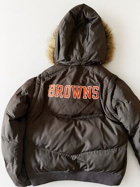 Reebok Brown Puffer Jacket with Orange 'BROWNS' Lettering